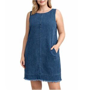 J. Jill Sleeveless Denim Shift Dress 100% cotton frayed bottom front pockets LG